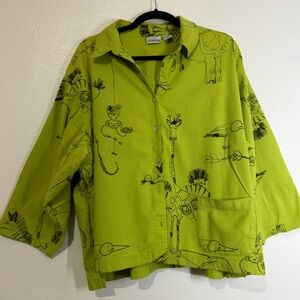 Chico's Lime Green Textured Shirt w/fun animals sketched in black. Sz 3 XL